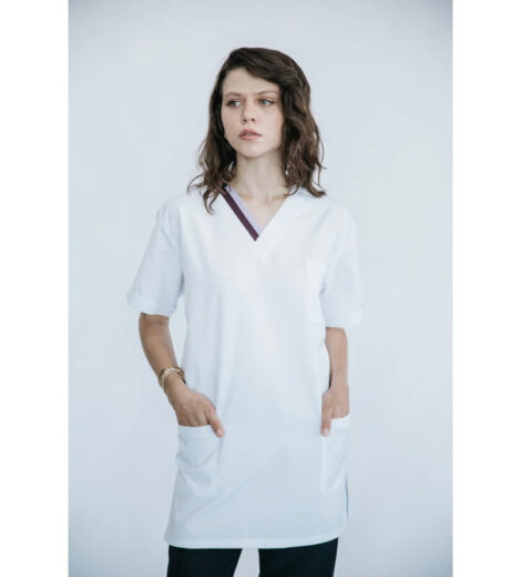 Hemşire Forması – Kadın, Beyaz Tunik, V-Yaka, Cepli (Tam Boy) – HUF-011