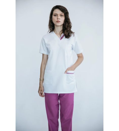 Hemşire Forması – Kadın, Beyaz Tunik, Mor Pantolon Kombin (Ön) – HUF-013