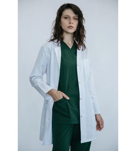 Doktor Önlüğü – Unisex, Beyaz Uzun, Yeşil Scrub (Orta) – HUF-034