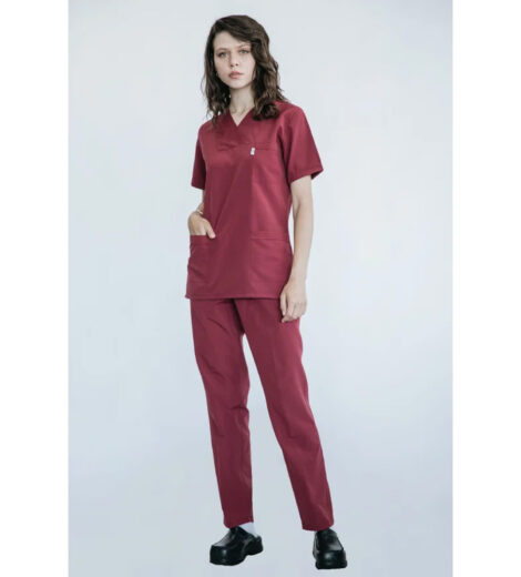 Scrub Takımı – Kadın, Bordo, V-Yaka, Cepli (Tam Boy) – HUF-035