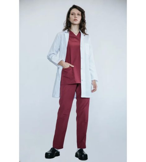 Doktor Takımı – Unisex, Beyaz Önlük + Bordo Scrub (Tam Boy) – HUF-038